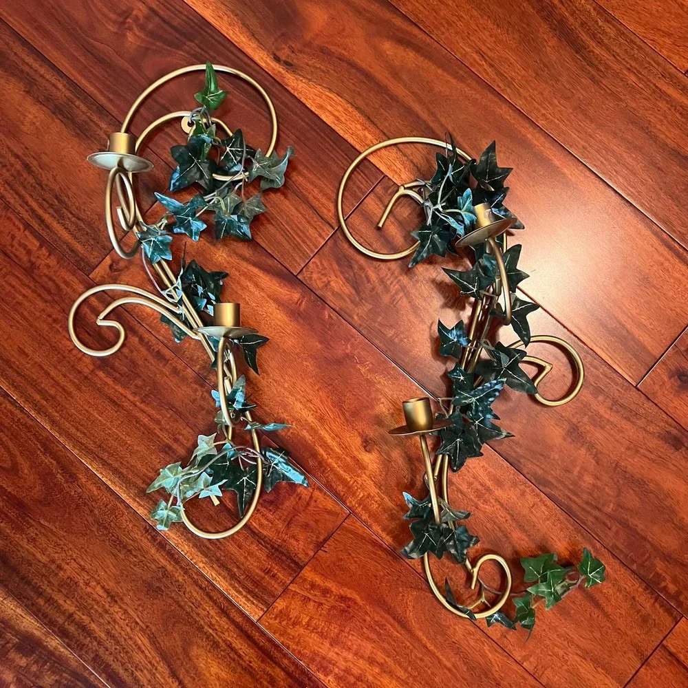 VTG Metal Ivy Wall Candle Sconces Pair Home Interiors Style Hollywood Regency